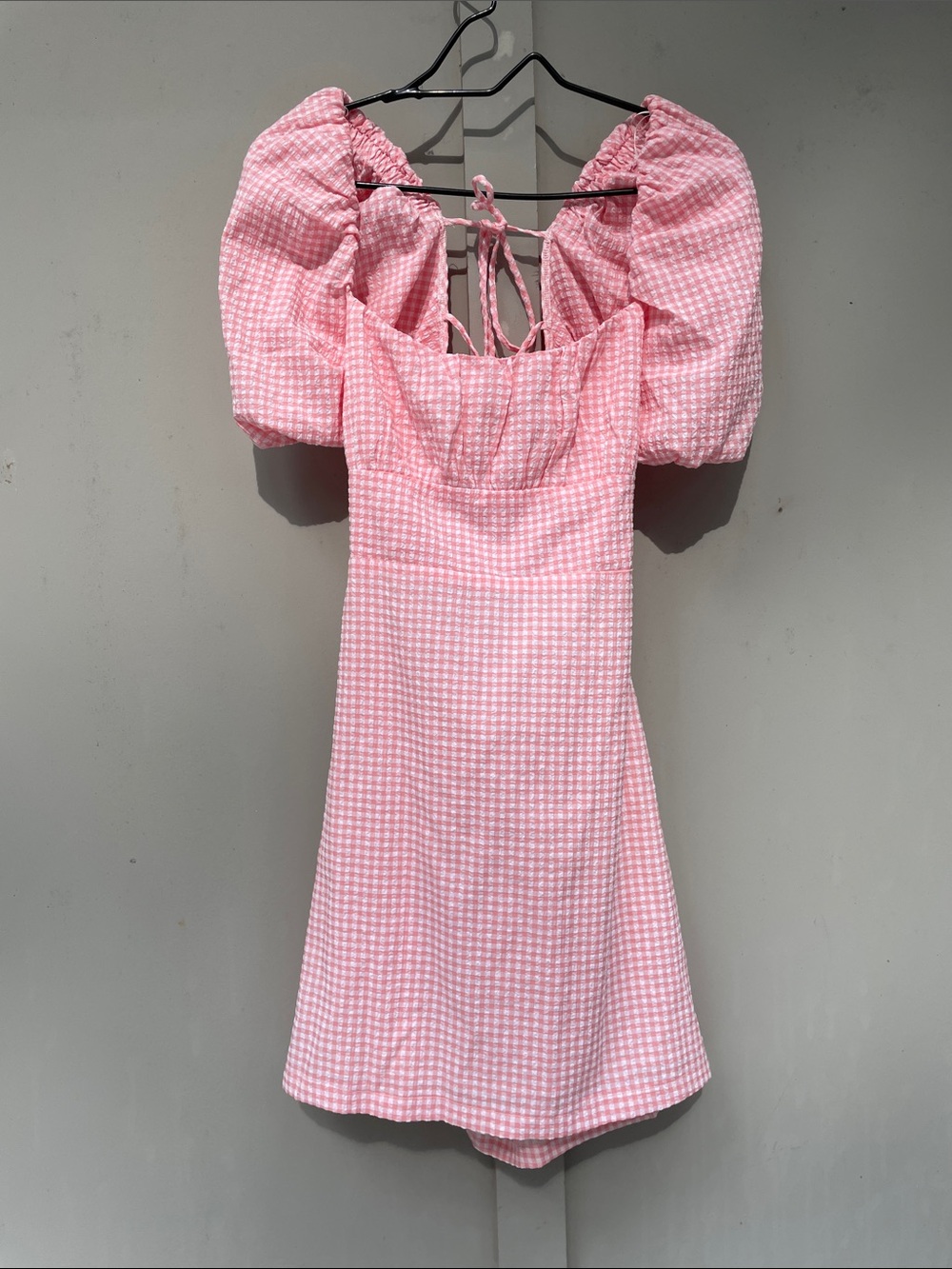 Mable/ Anthropologie “Lace Me Up Gingham Mini Dress”. Pink and White. Large. - Picture 1 of 4